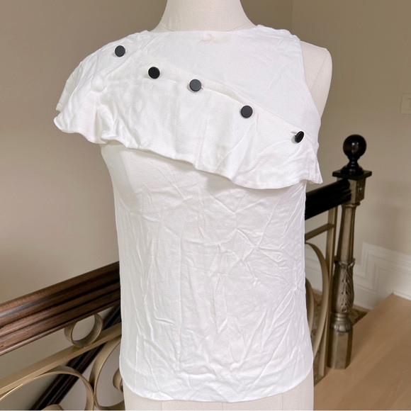 NWT Maje Lorena Asymmetric-Ruffle White Crepe Top w/ makeup marks at neckline - Picture 7 of 11
